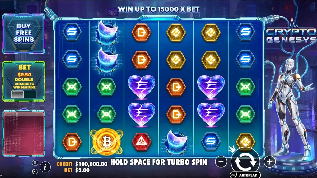 Interface futurista e cyberpunk do jogo Crypto Genesys com símbolos de criptomoedas